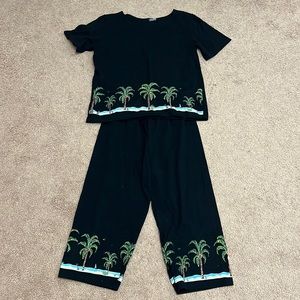 Kowah Black Palm Tree Cotton Pant/Shirt Set Medium